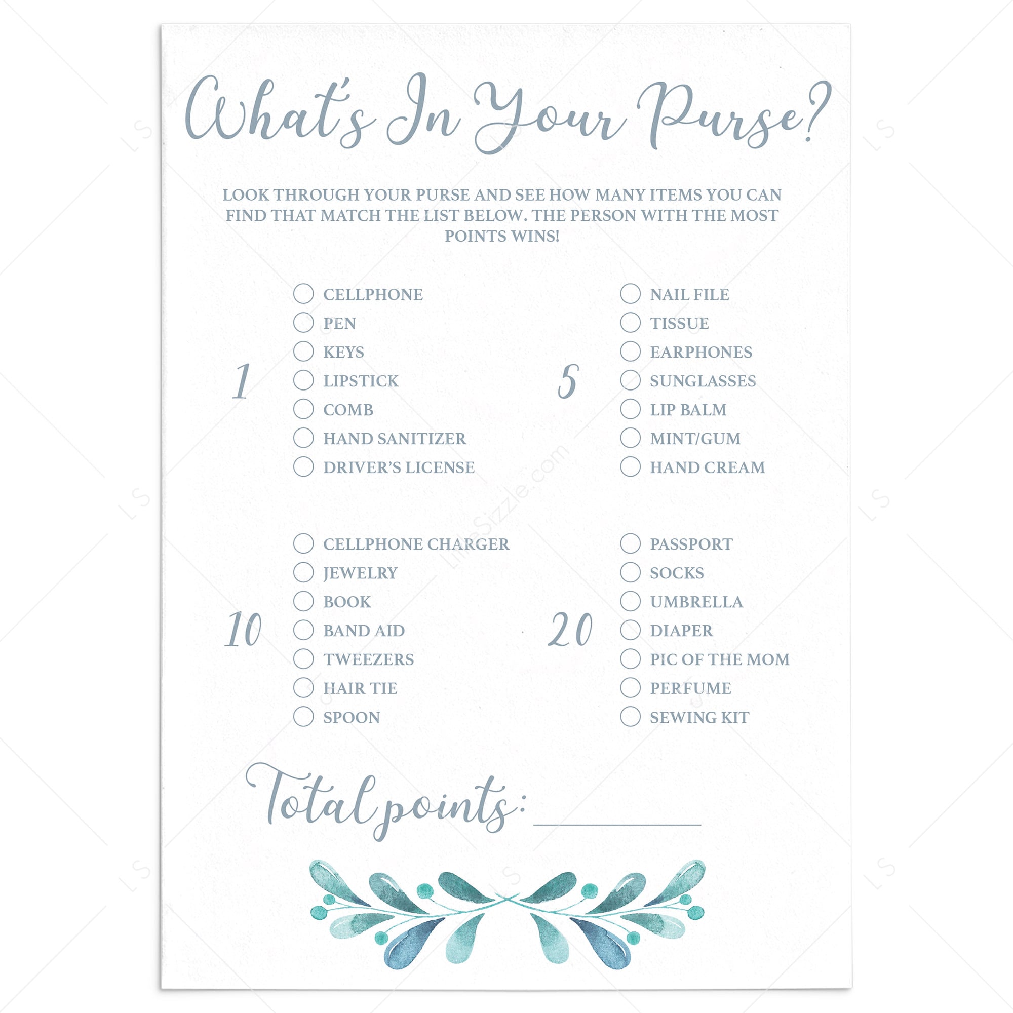 Watercolor Baby Shower Whats In Your Purse Game Printable by LittleSizzle
