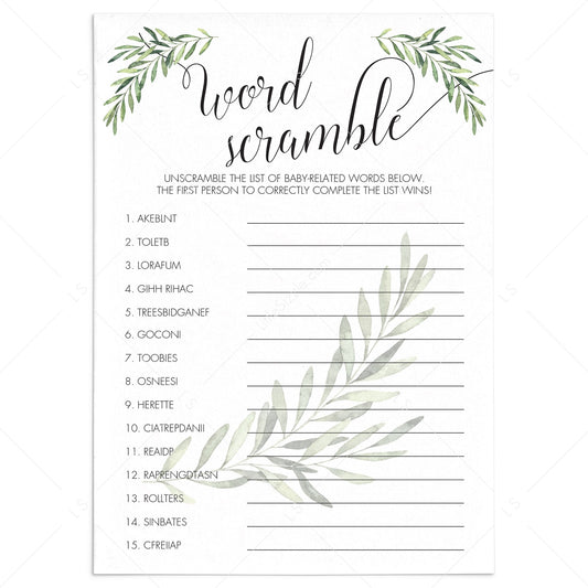 Botanical Baby Shower Game Baby Word Scramble Printable by LittleSizzle