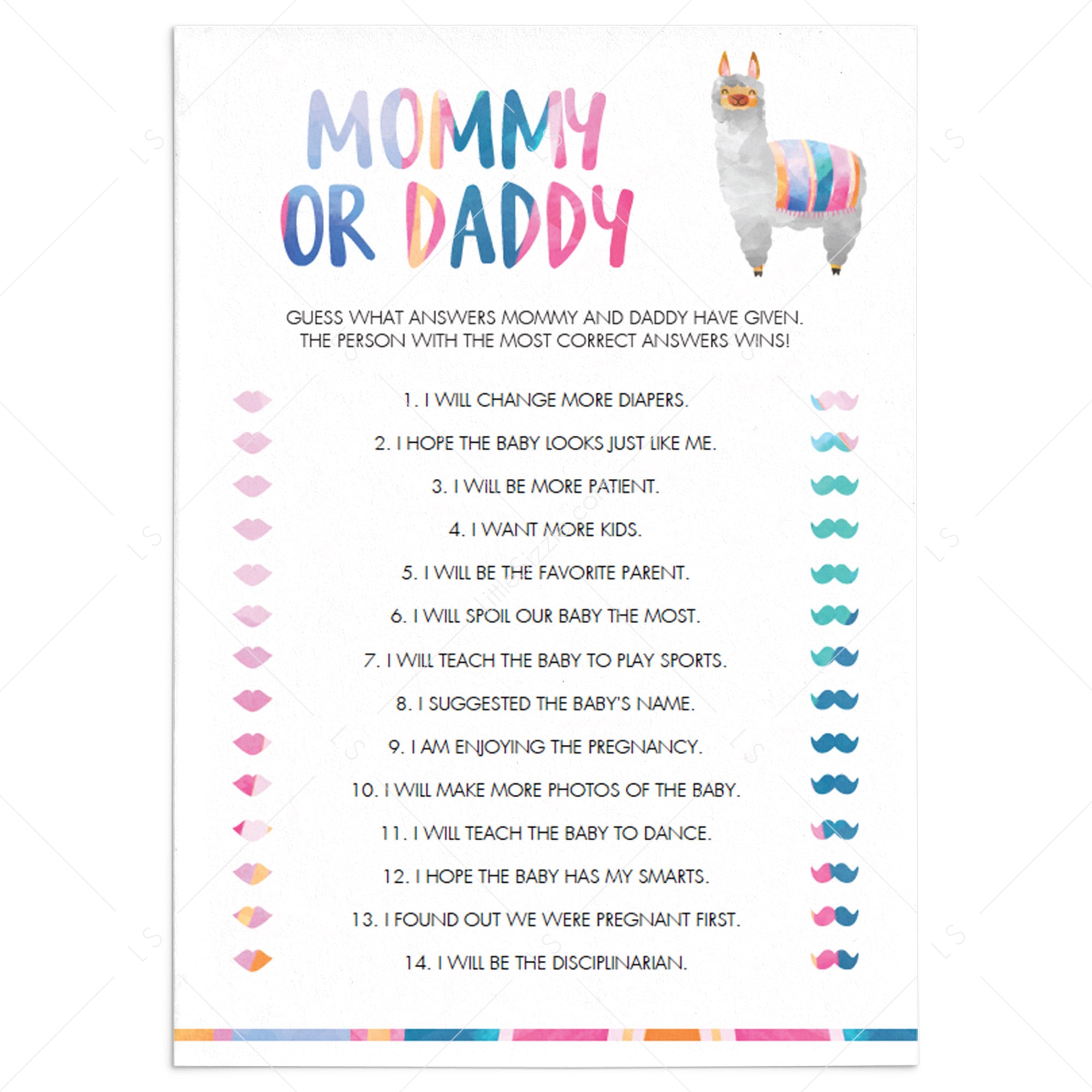 Llama Baby Shower Guess Who Mommy or Daddy Printable by LittleSizzle