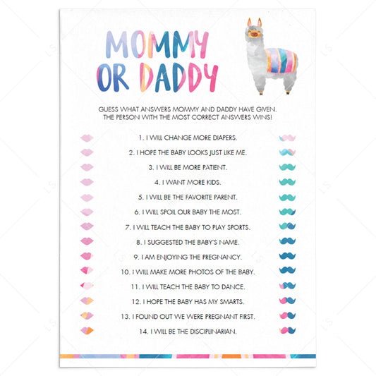 Llama Baby Shower Guess Who Mommy or Daddy Printable by LittleSizzle