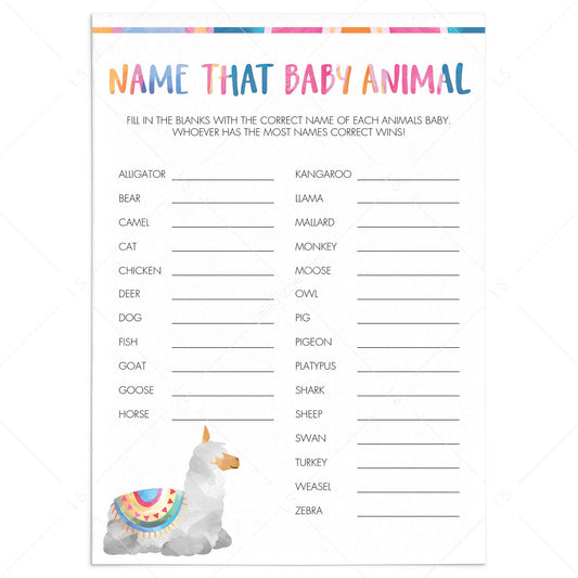 Llama baby shower games name that baby animal printable by LittleSizzle