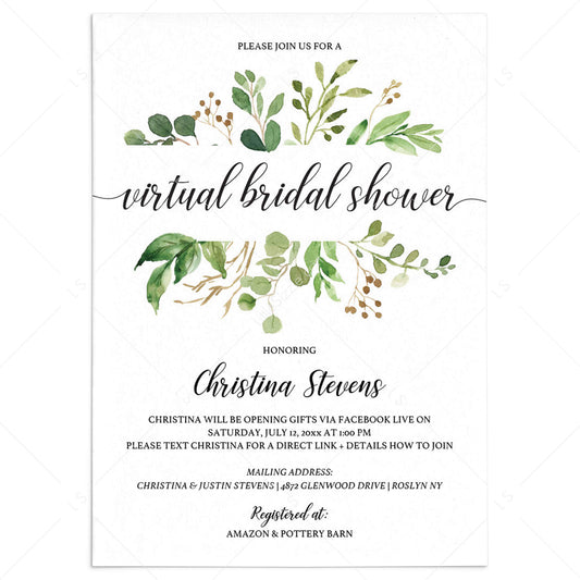 Virtual Bridal Shower Invitation Template Greenery by LittleSizzle