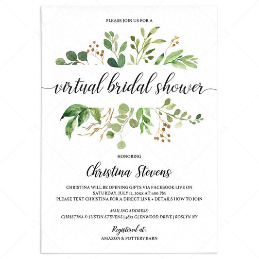 Virtual Bridal Shower Invitation Template Greenery by LittleSizzle
