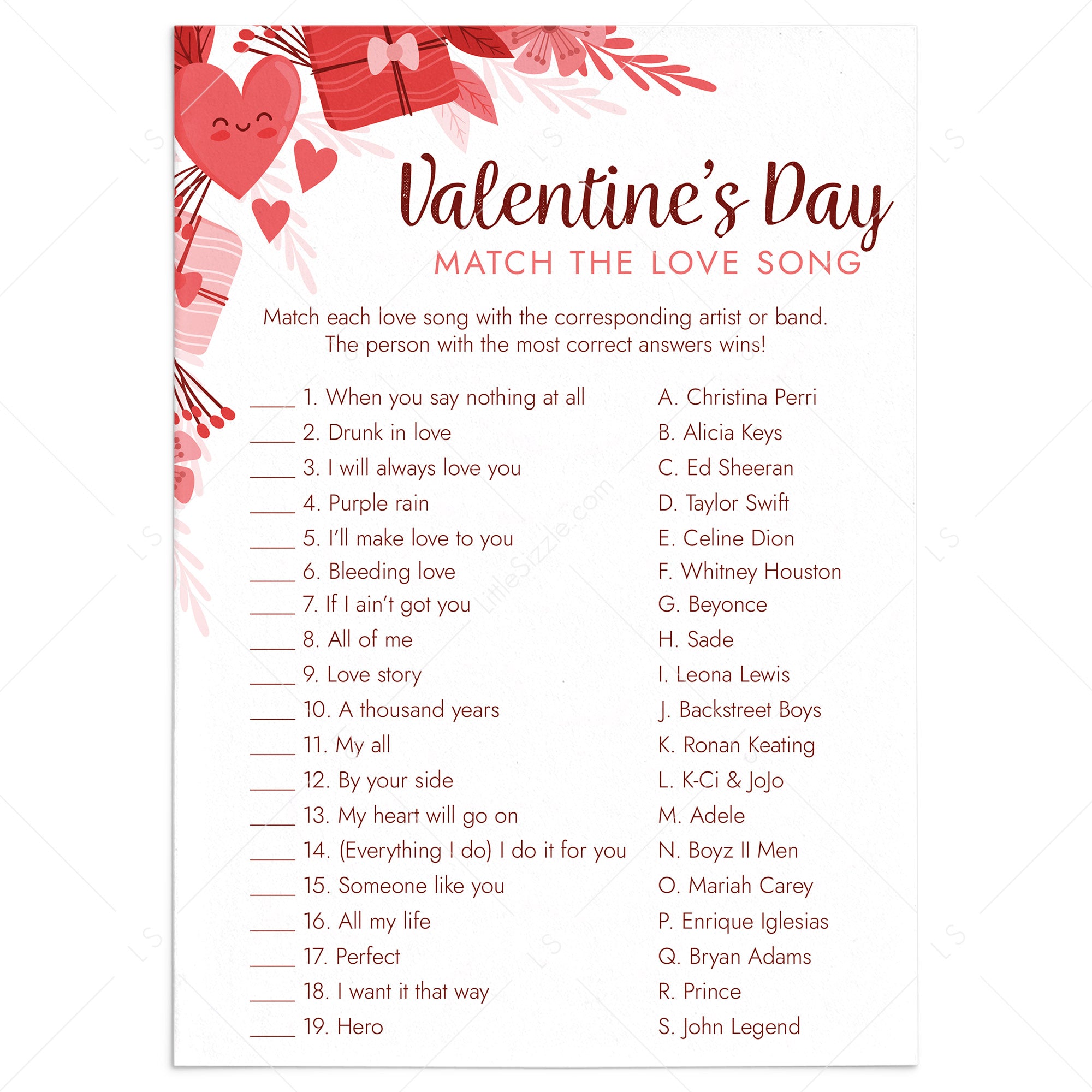 Valentine's Day Love Song Trivia with Answers Printable by LittleSizzle