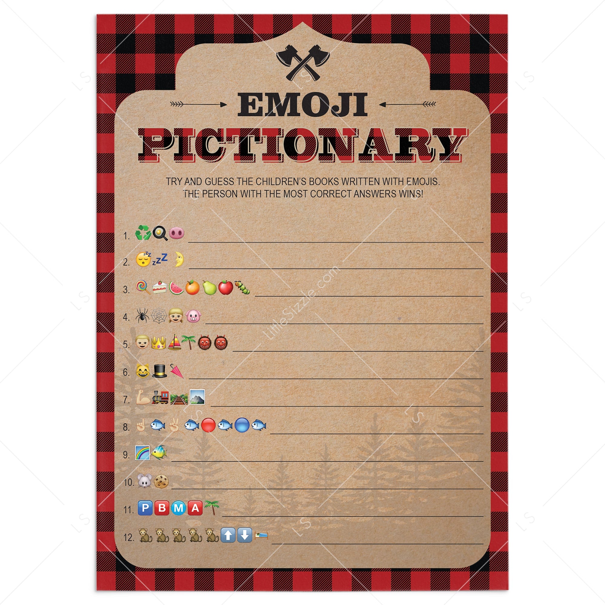 Lumberjack shower emoji pictionary printable by LittleSizzle