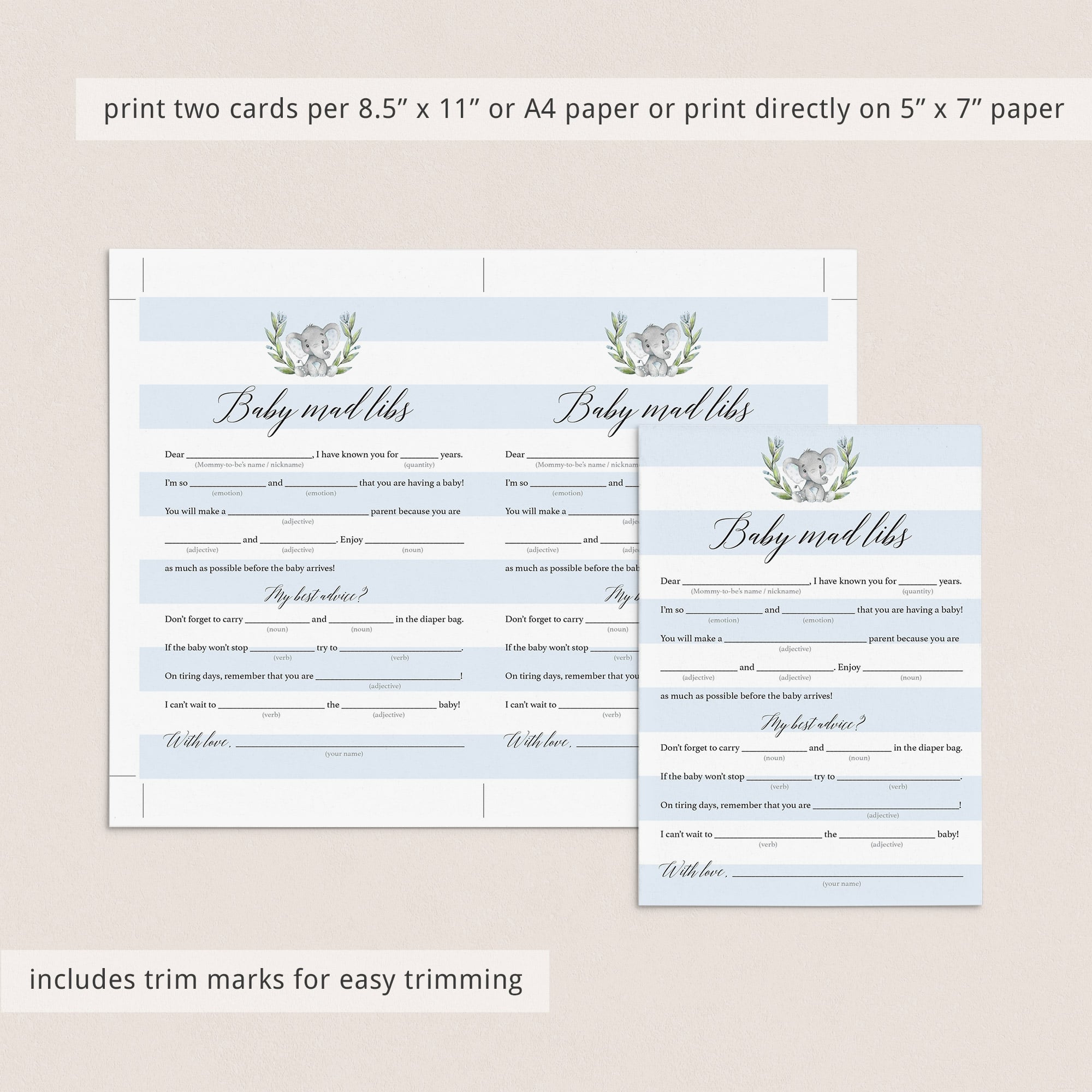 Baby game mad libs printable with watercolor elephant by LittleSizzle