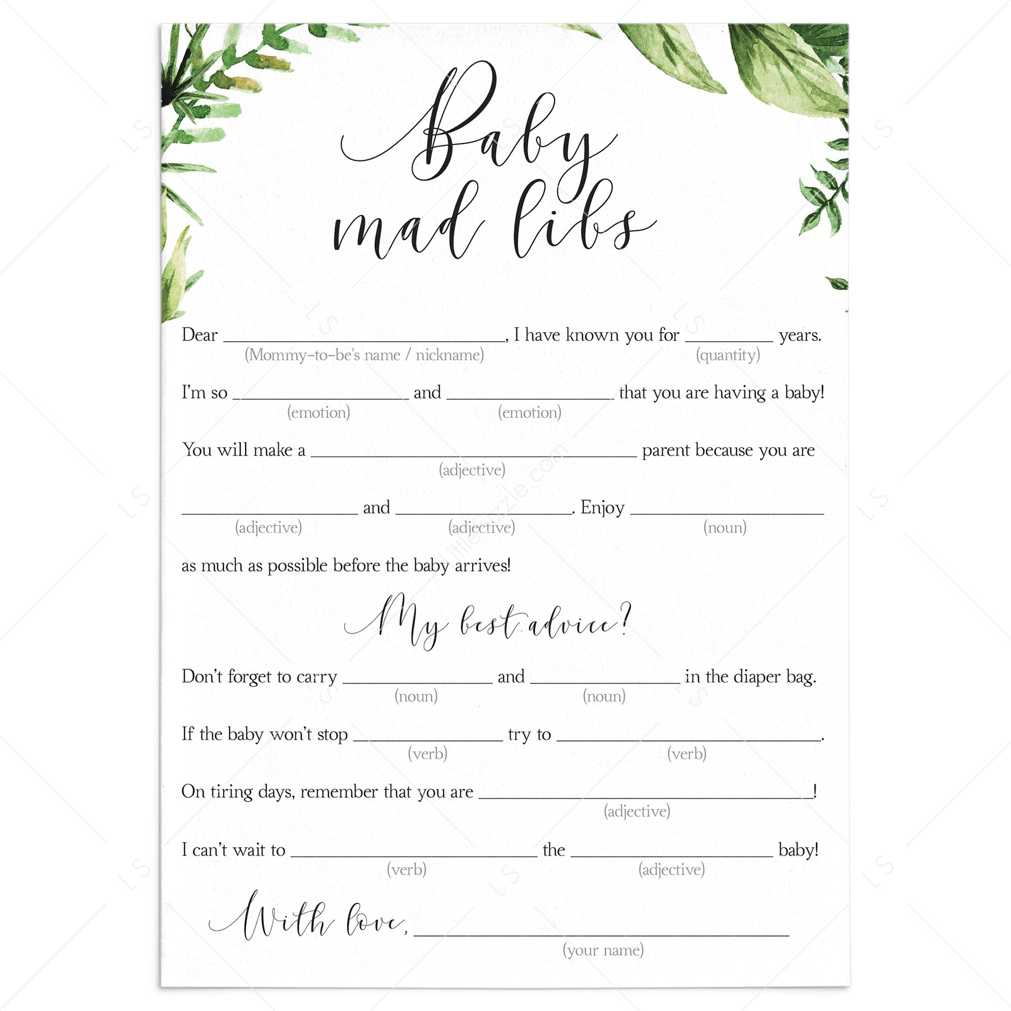 Baby madlibs baby shower advice card with green leaves by LittleSizzle