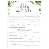 Baby madlibs baby shower advice card with green leaves by LittleSizzle