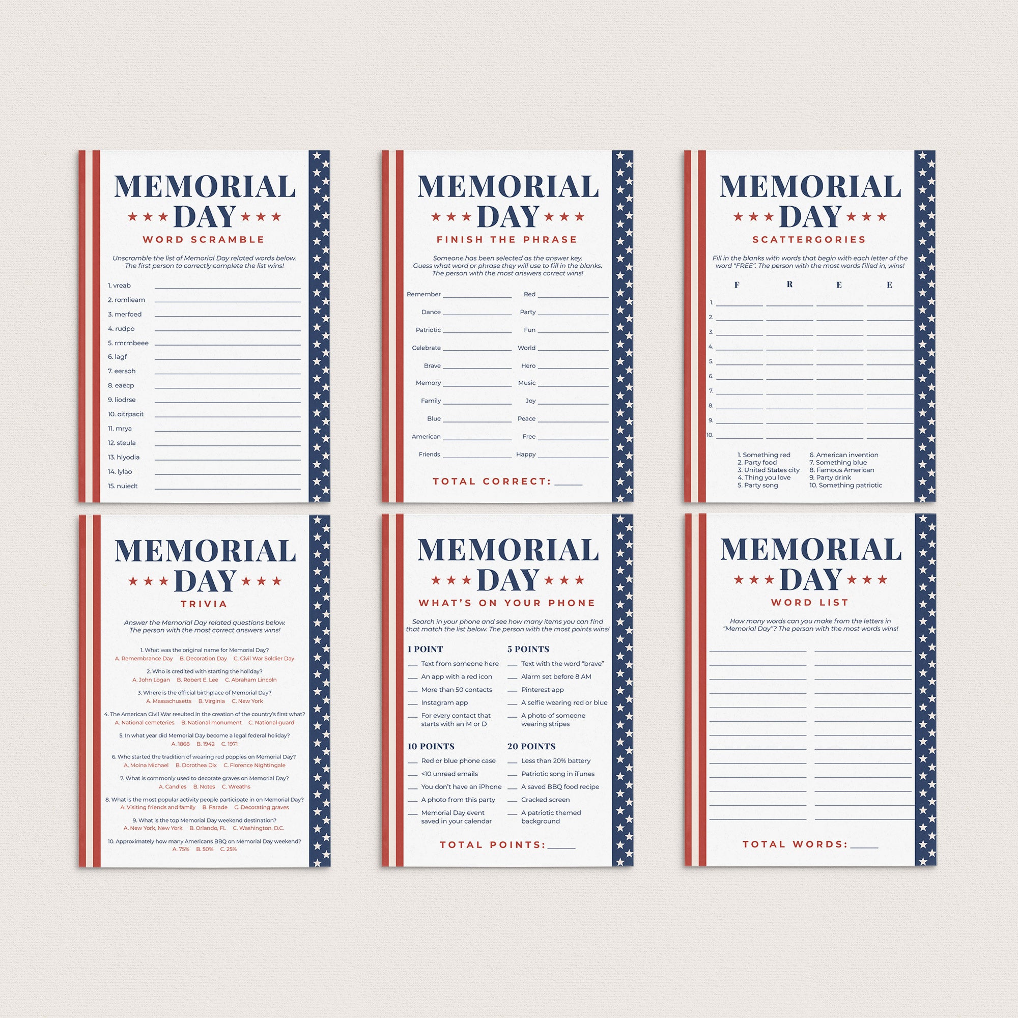 Memorial Day Games for Kids and Adults Printable by LittleSizzle