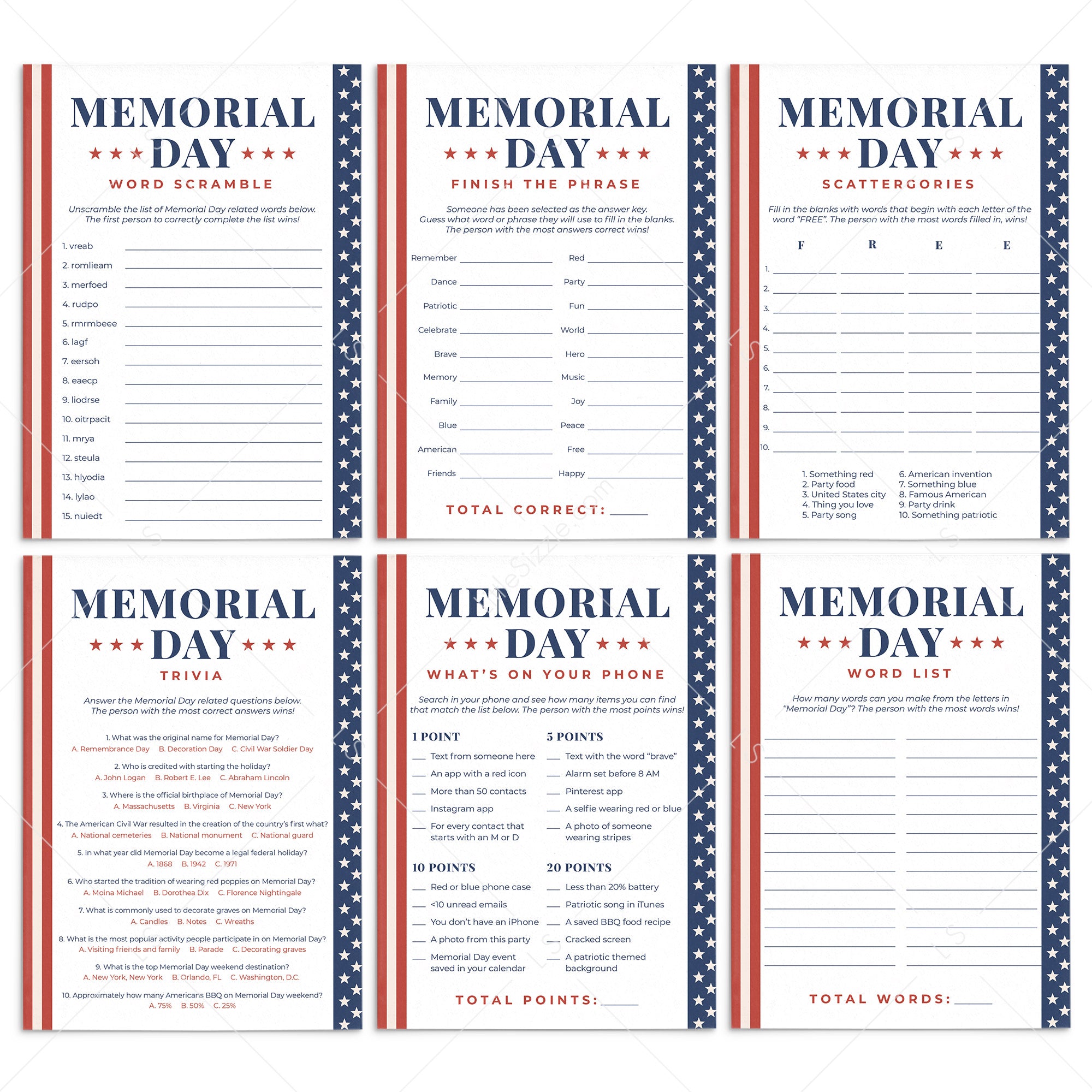 Memorial Day Games for Kids and Adults Printable by LittleSizzle