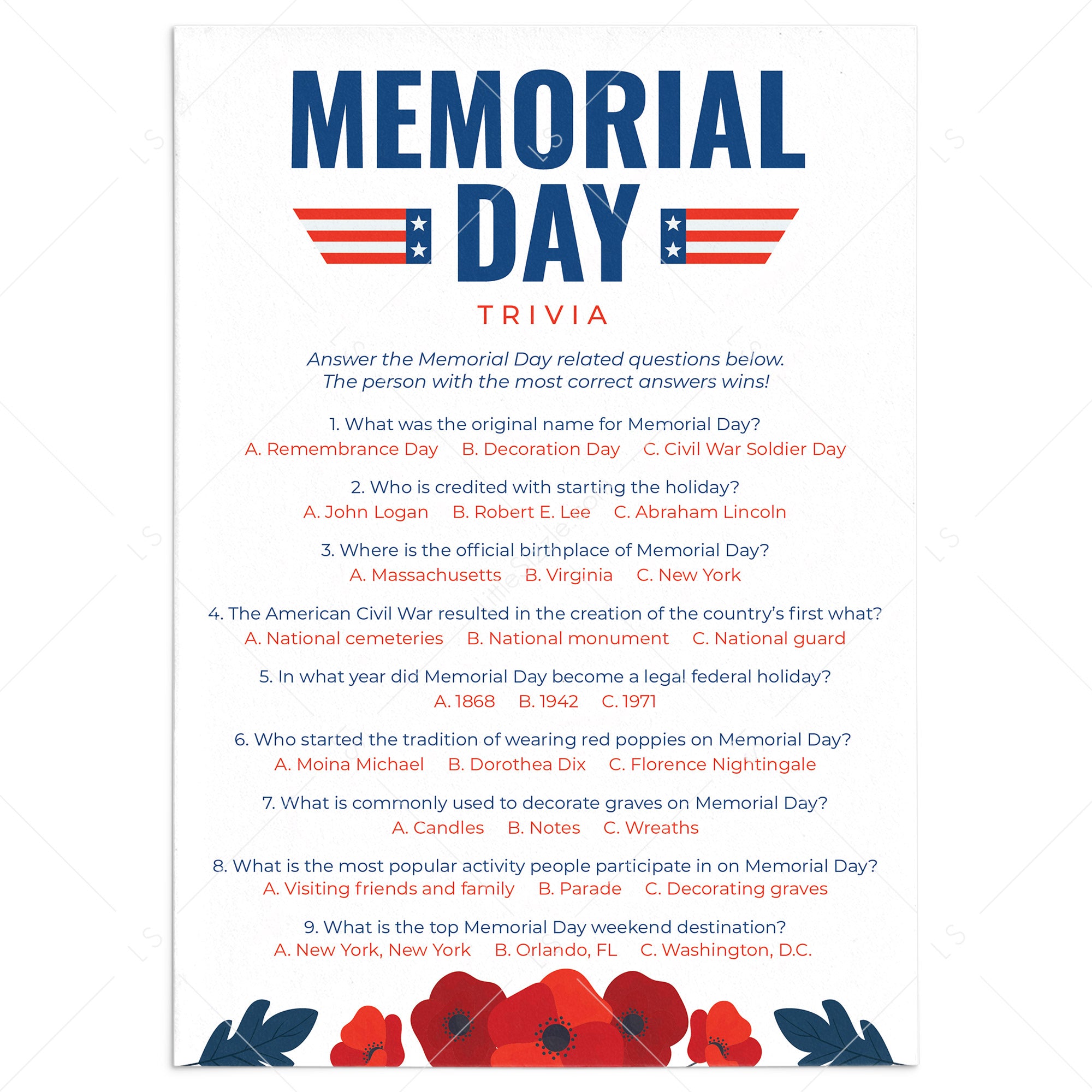 Printable Memorial Day Quiz with Answer Key by LittleSizzle