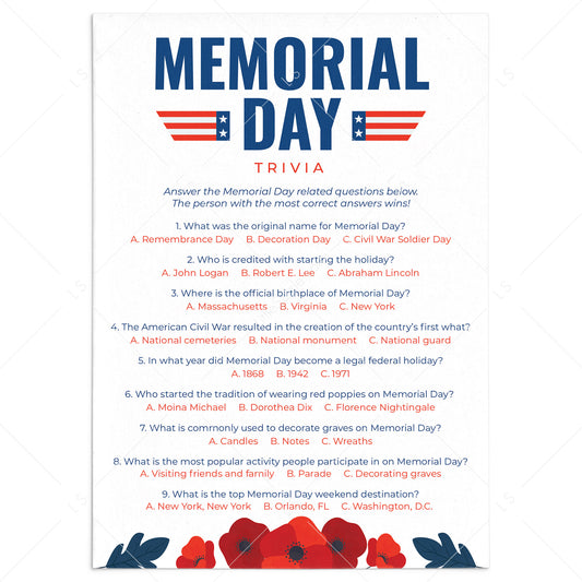 Printable Memorial Day Quiz with Answer Key by LittleSizzle