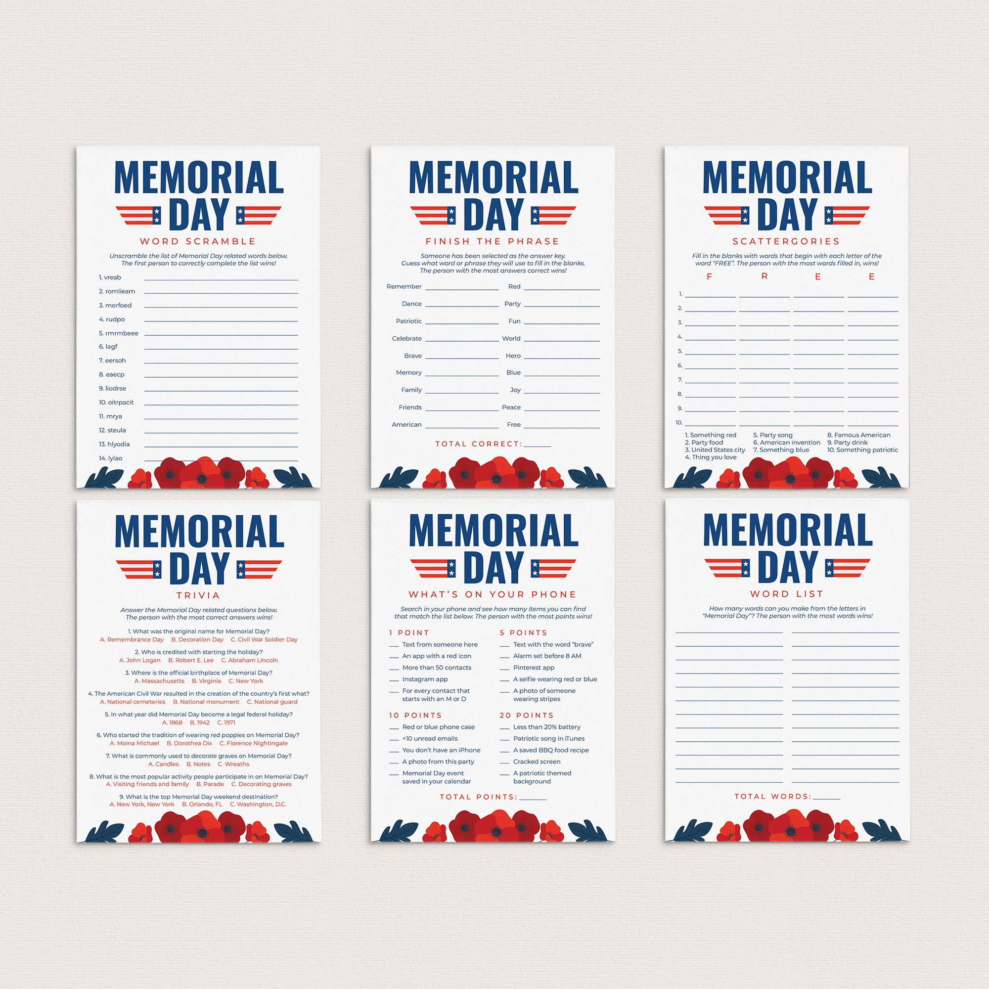 Printable Memorial Day Game Bundle with Red Poppies by LittleSizzle