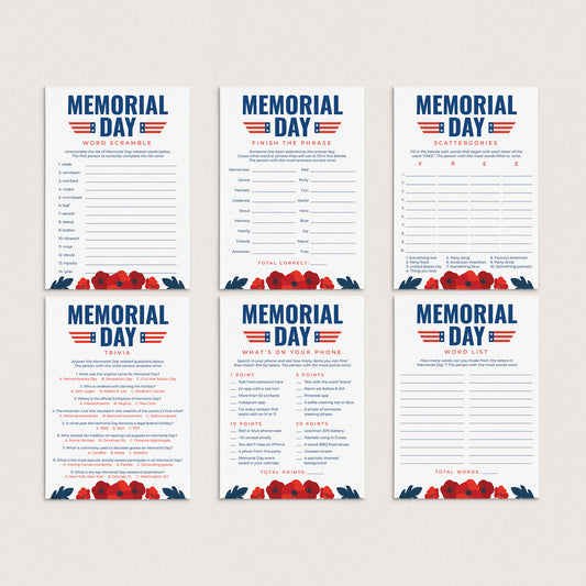 Printable Memorial Day Game Bundle with Red Poppies by LittleSizzle