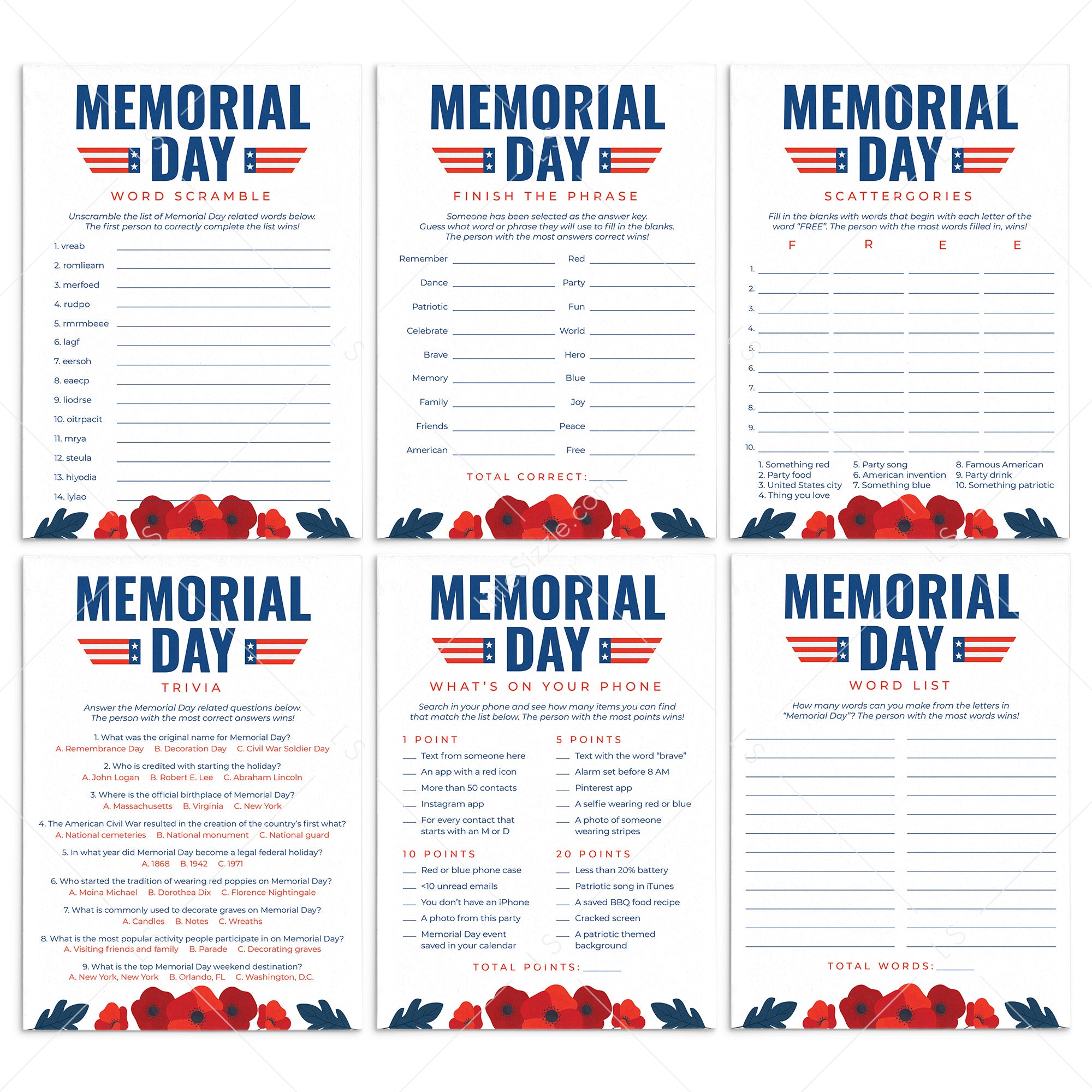 Printable Memorial Day Game Bundle with Red Poppies by LittleSizzle