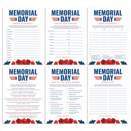 Printable Memorial Day Game Bundle with Red Poppies by LittleSizzle