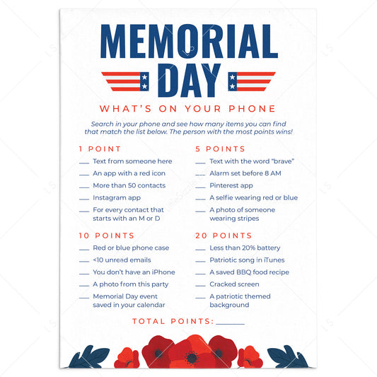 Adult Memorial Day Game Printable Whats On Your Phone by LittleSizzle