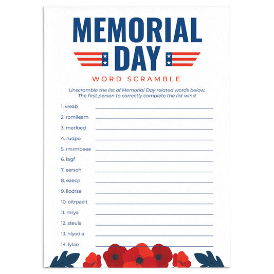 Printable Memorial Day Word Scramble with Answer Key by LittleSizzle