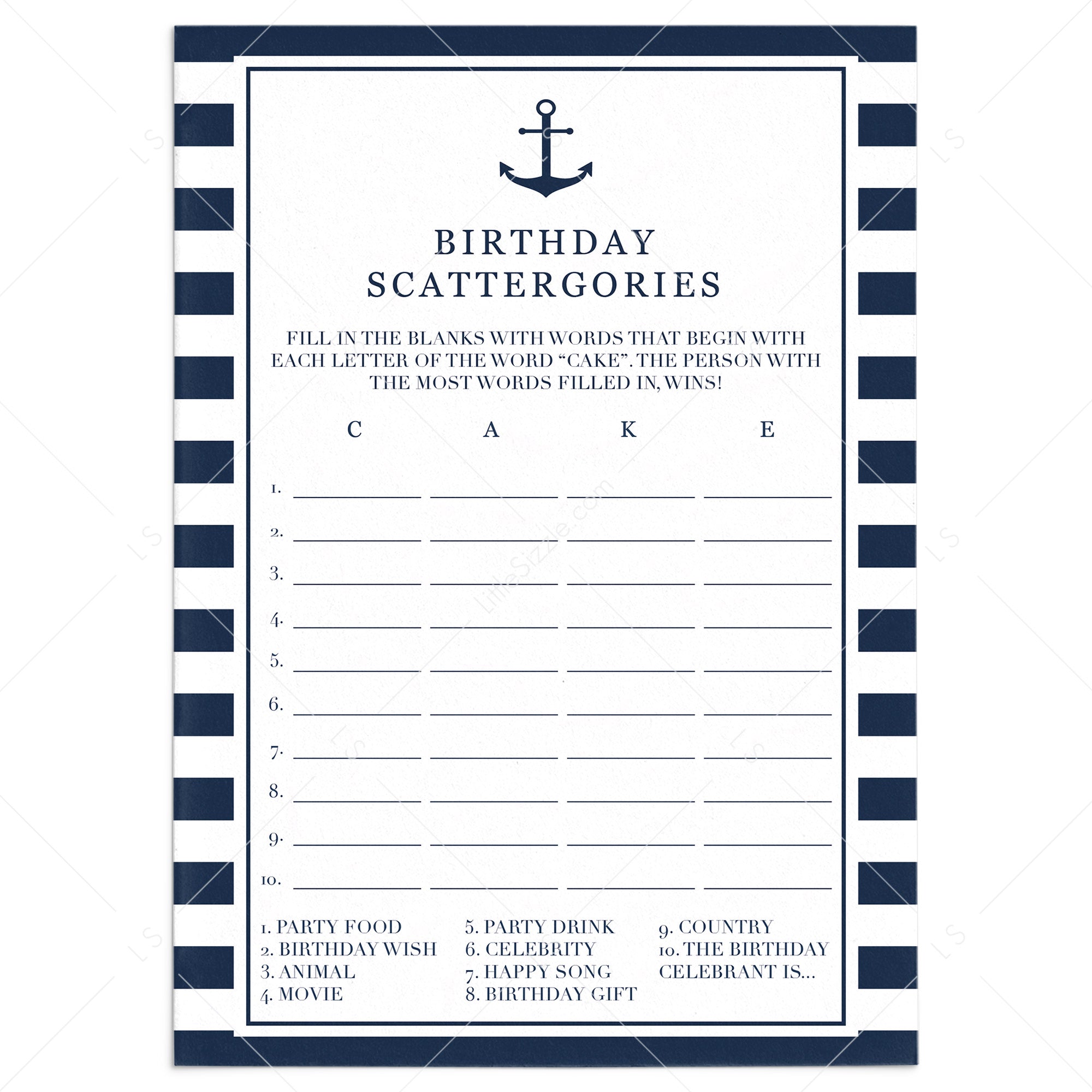 Birthday Party Scattergories for Men Printable by LittleSizzle