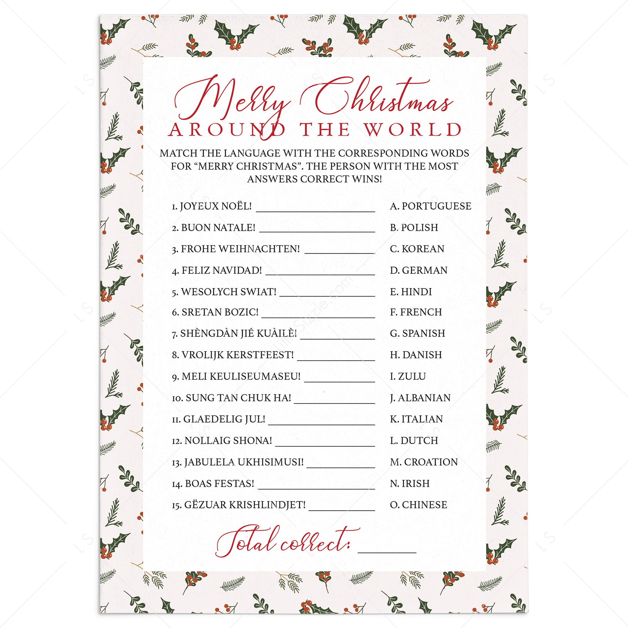 Merry Christmas Around the World Game Printable by LittleSizzle