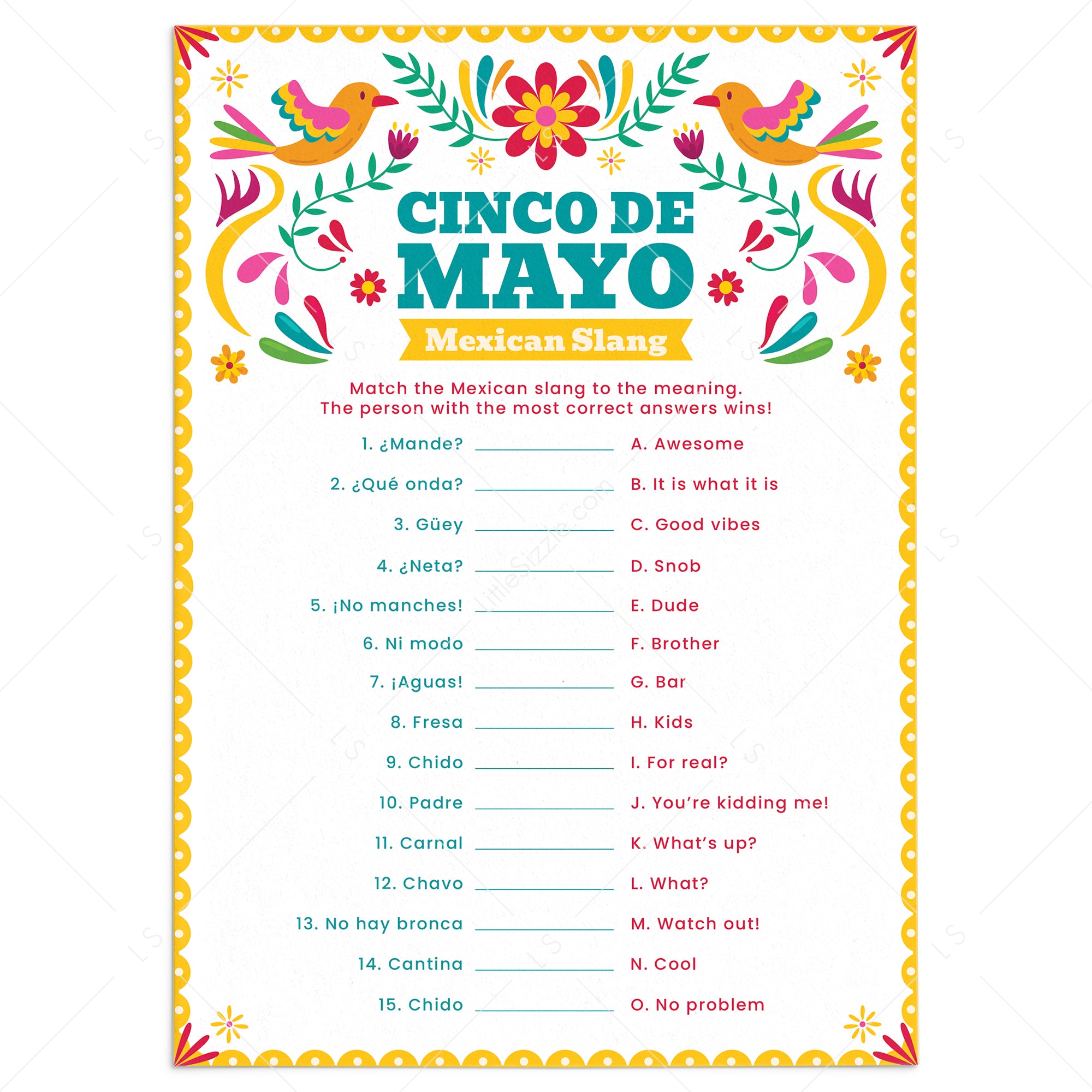Cinco de Mayo Game Mexican Slang Match Up with Answer Key by LittleSizzle