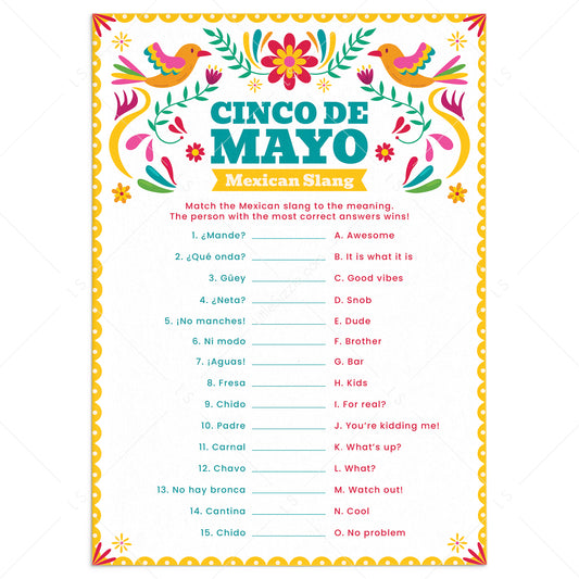 Cinco de Mayo Game Mexican Slang Match Up with Answer Key by LittleSizzle
