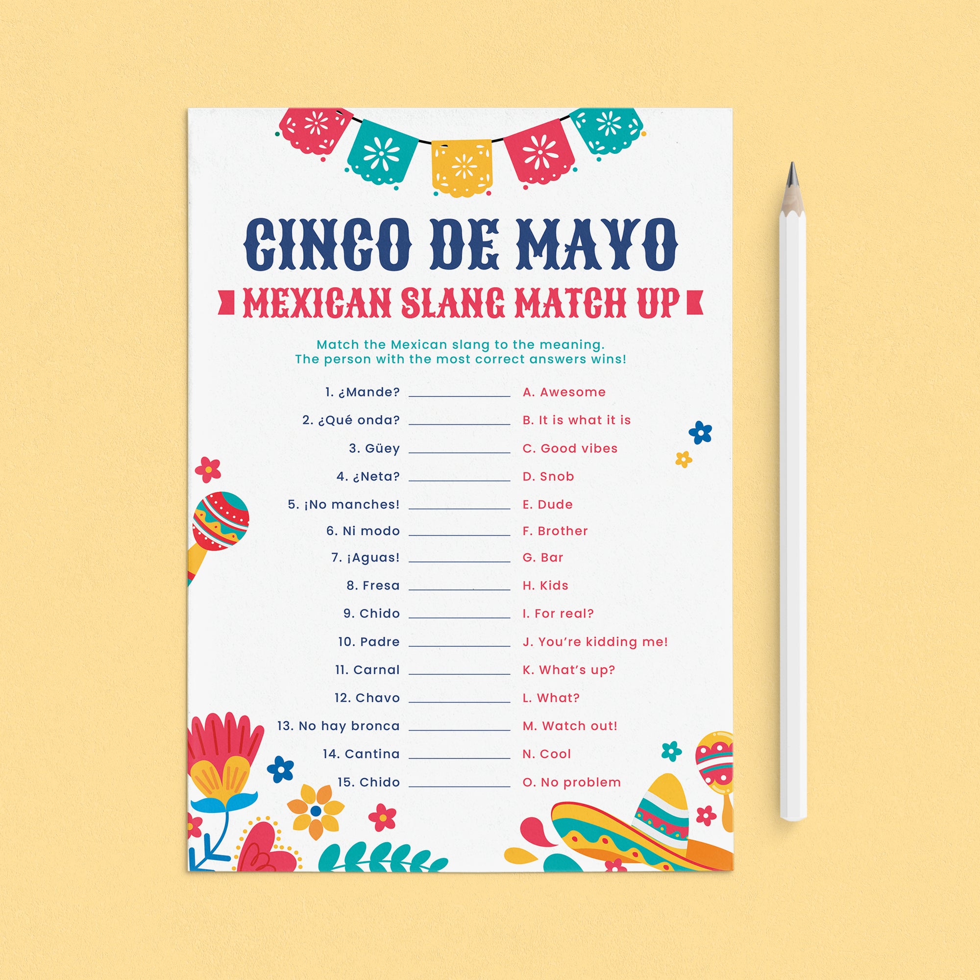 Cinco de Mayo Party Game Mexican Slang with Answers by LittleSizzle