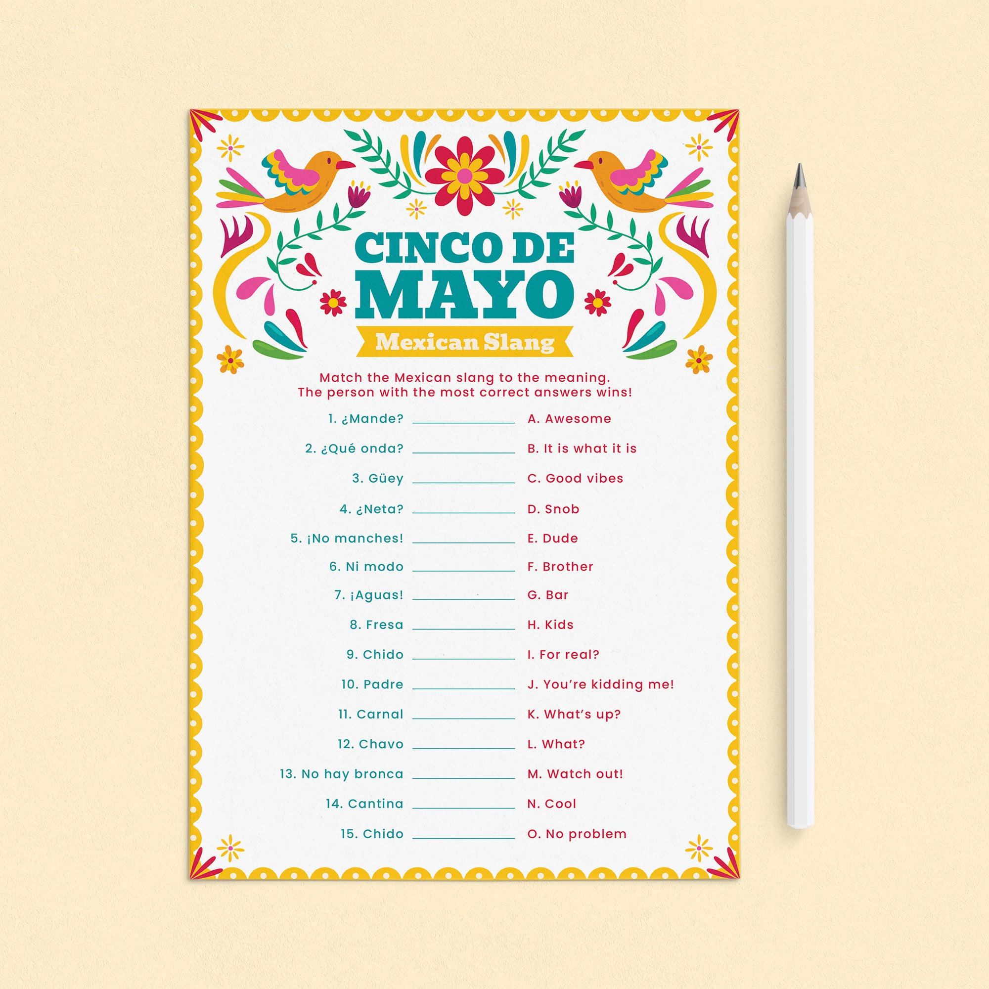 Cinco de Mayo Game Mexican Slang Match Up with Answer Key by LittleSizzle