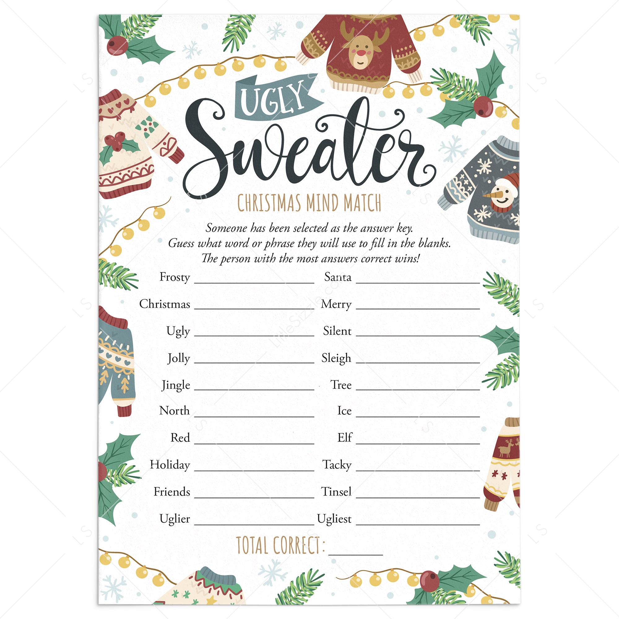 Ugly Sweater Party Game for Groups Mind Match Printable by LittleSizzle