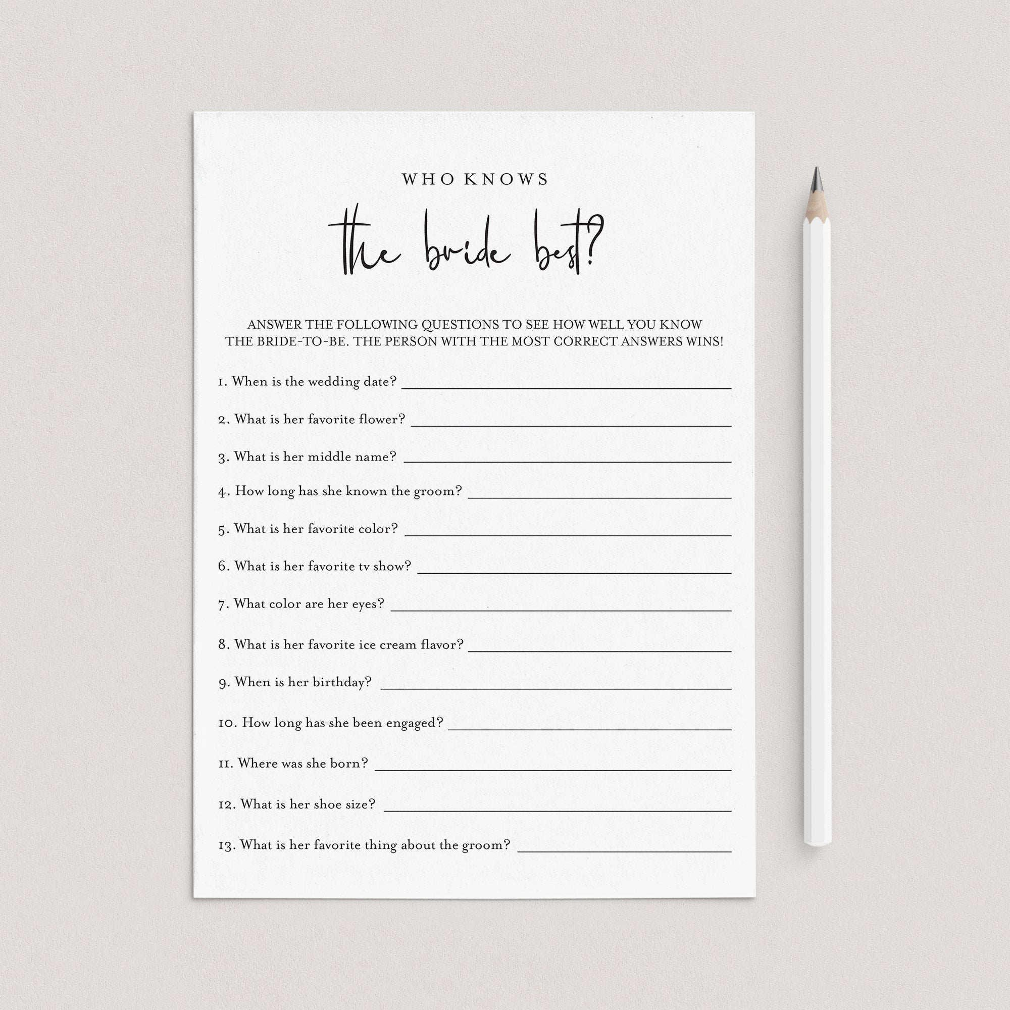 Who Knows The Bride Best Game Printable Modern Minimalist by LittleSizzle