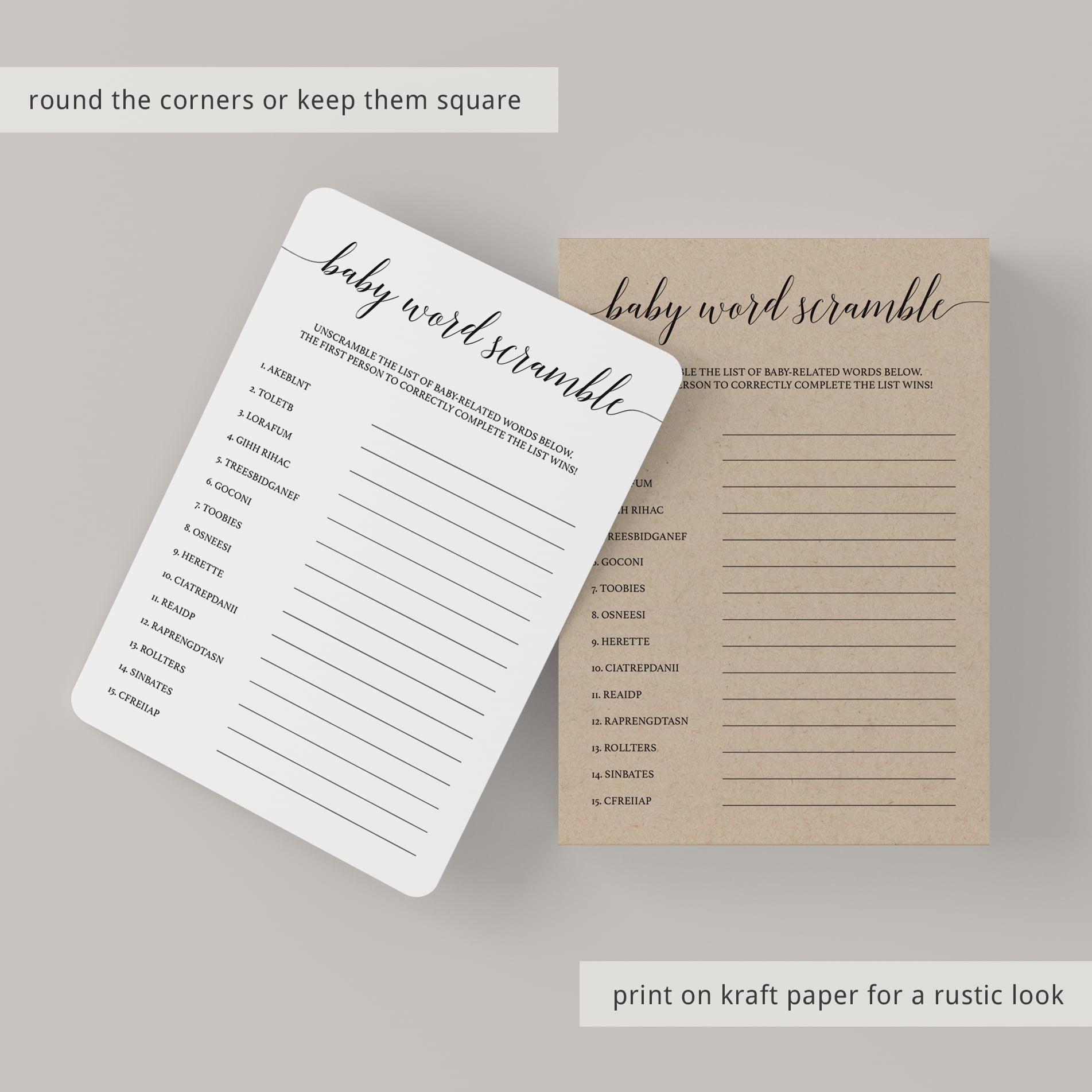 Rustic baby word scramble printable by LittleSizzle