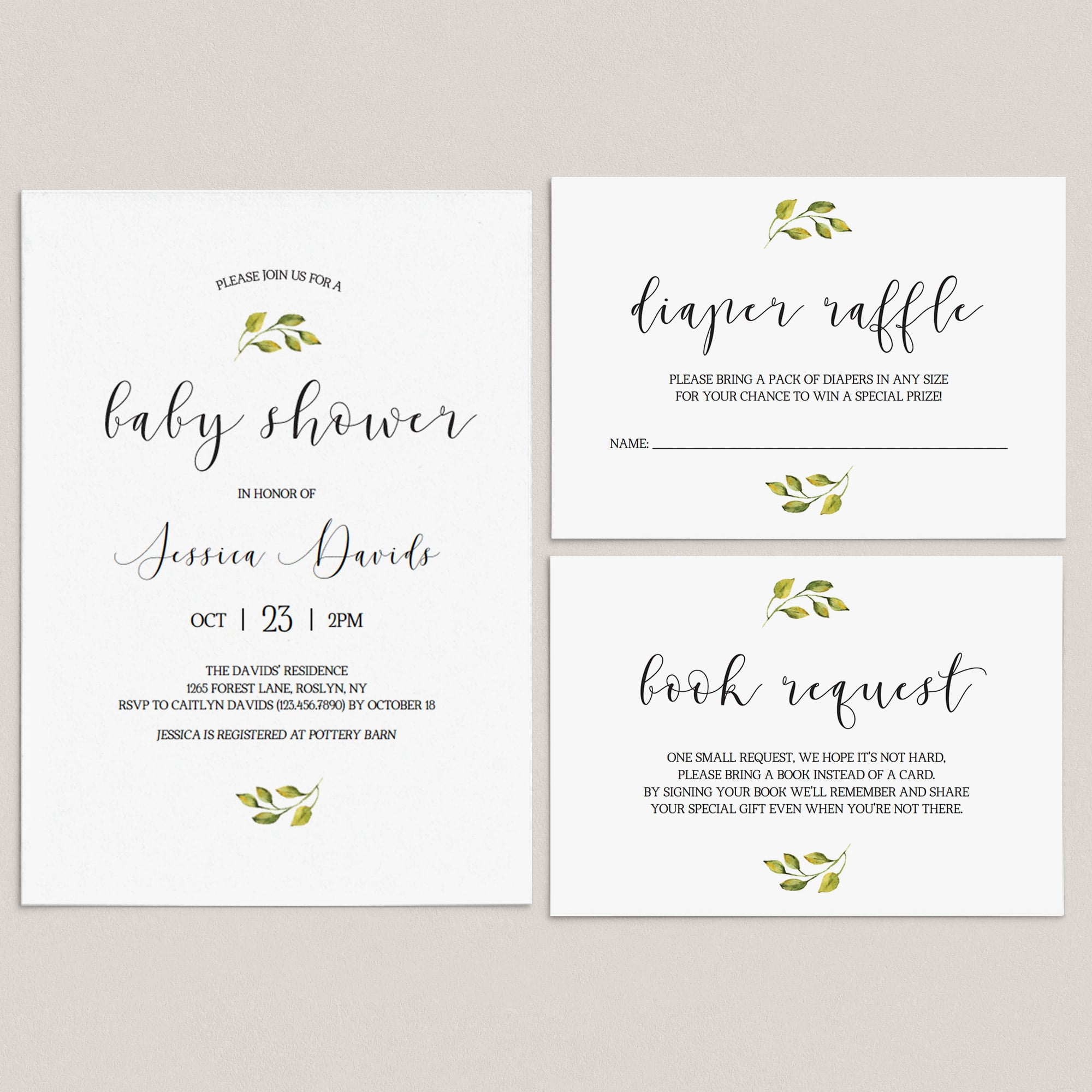 White and Green Baby Shower Invitation Suite Instant Download by LittleSizzle