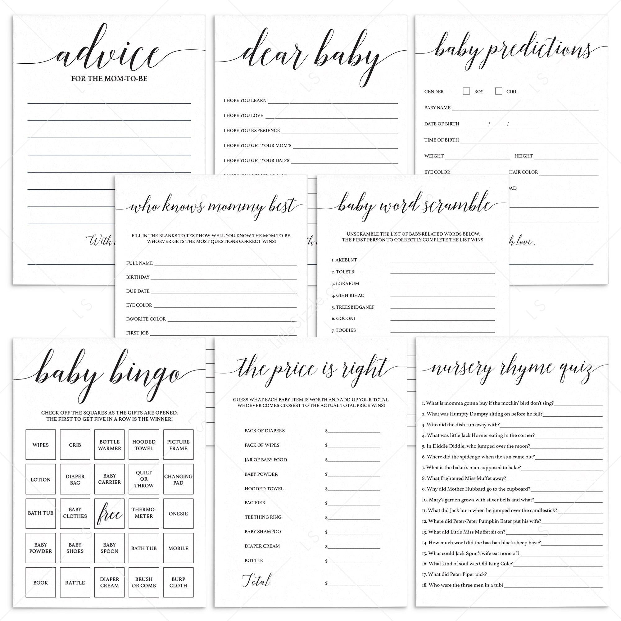 Printable Baby Shower Games Pack with Calligraphy Font by LittleSizzle