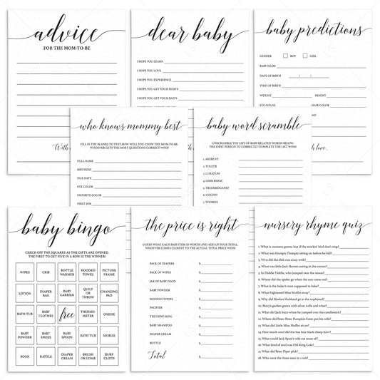 Printable Baby Shower Games Pack with Calligraphy Font by LittleSizzle