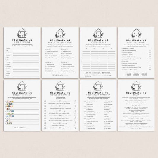 Minimalist Housewarming Party Game Pack Printable