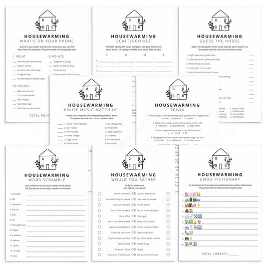 Minimalist Housewarming Party Game Pack Printable