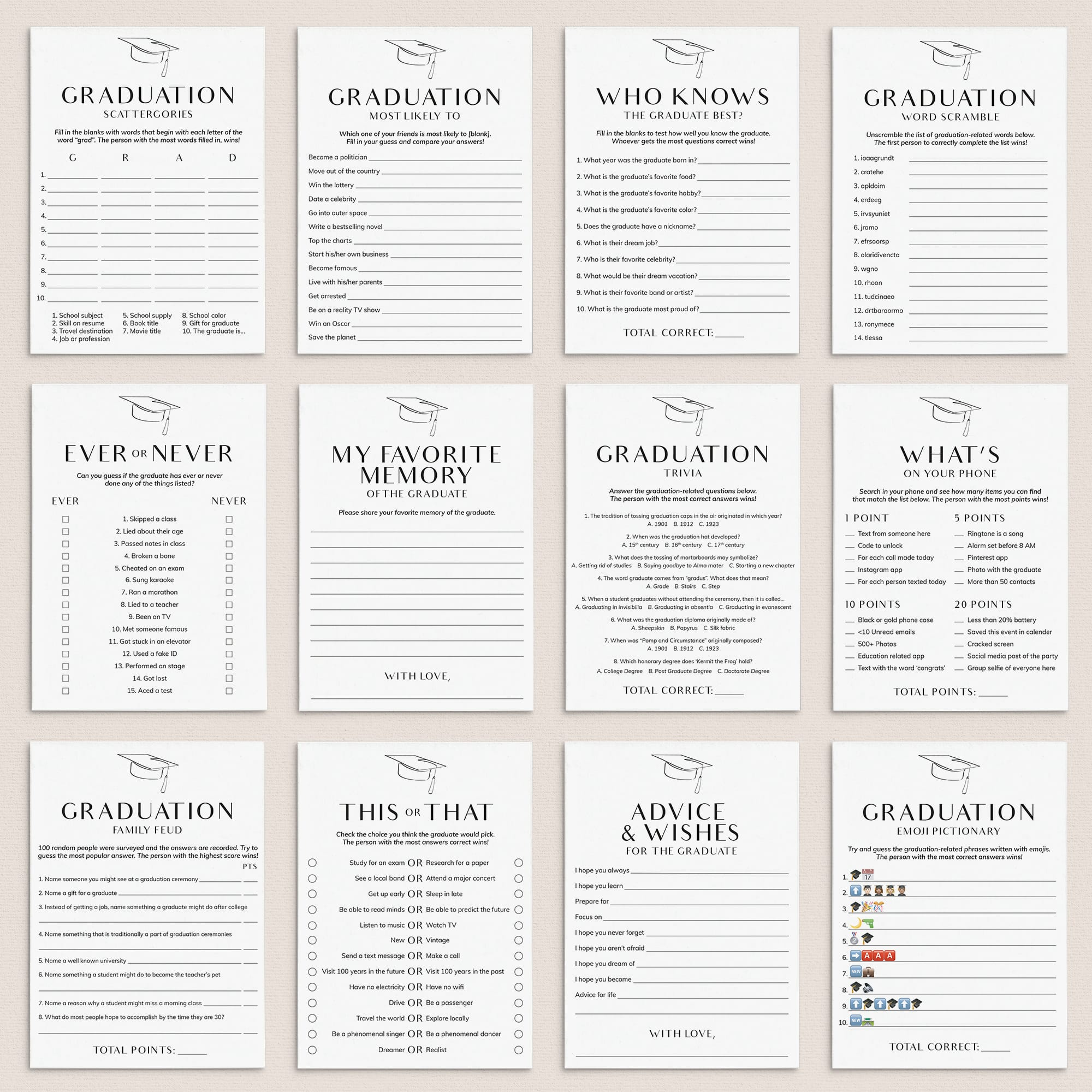 Modern Minimal Graduation Party Games Bundle by LittleSizzle