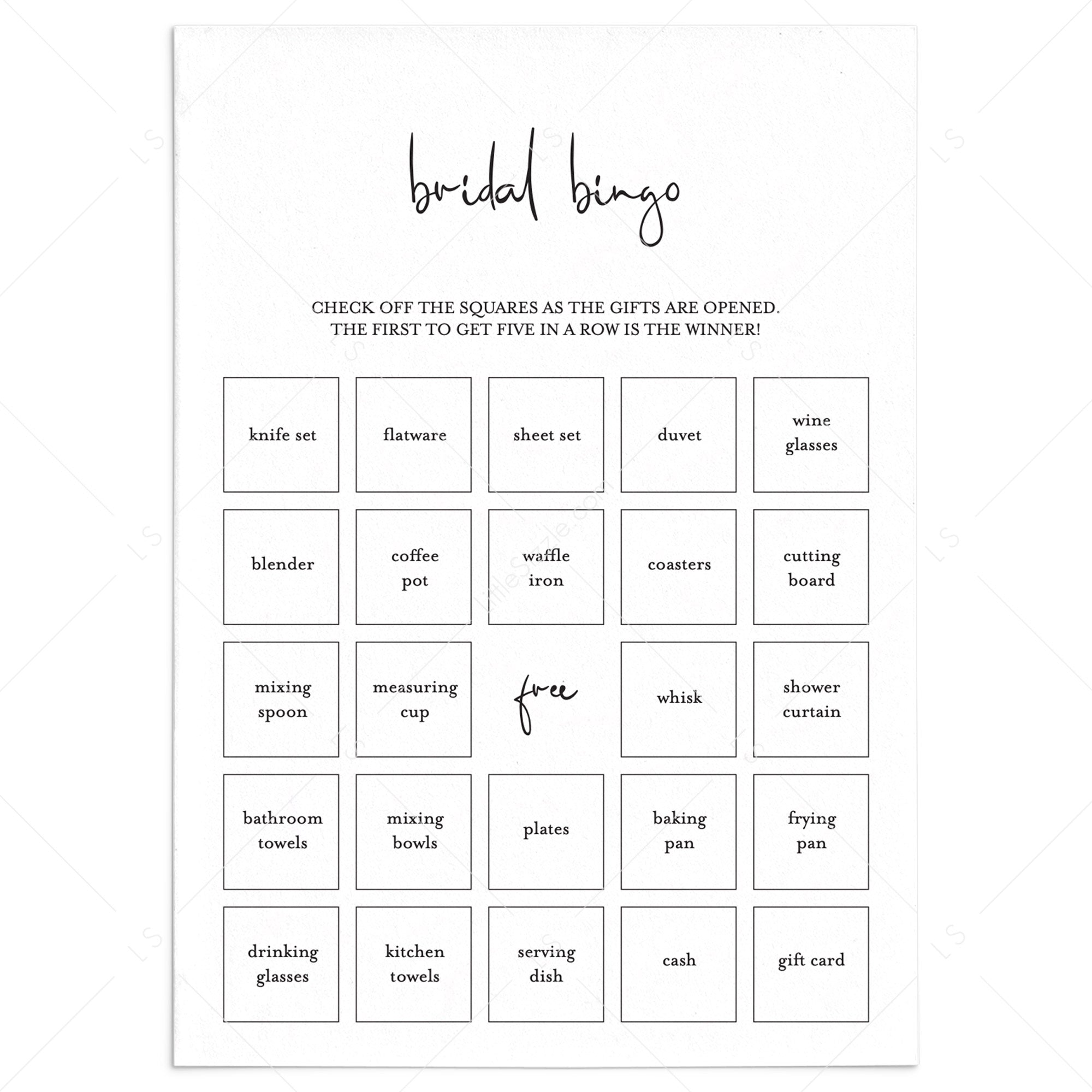 Minimalist Bridal Bingo PreFilled And Blank Cards Printable by LittleSizzle