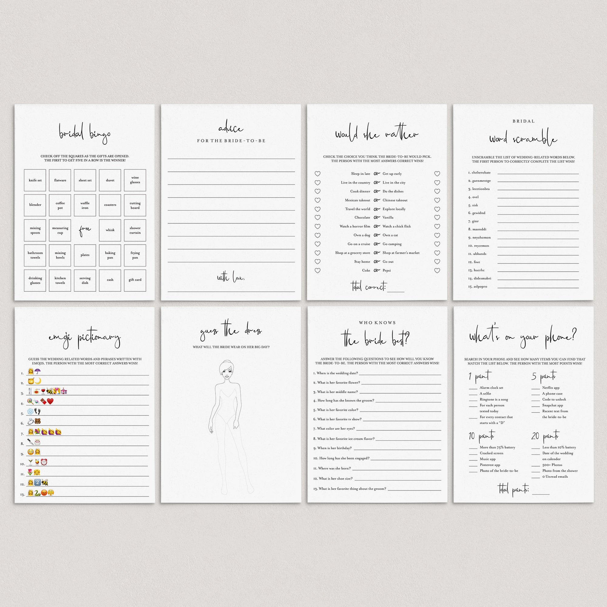 Minimalist Bridal Shower Games Bundle Printable by LittleSizzle