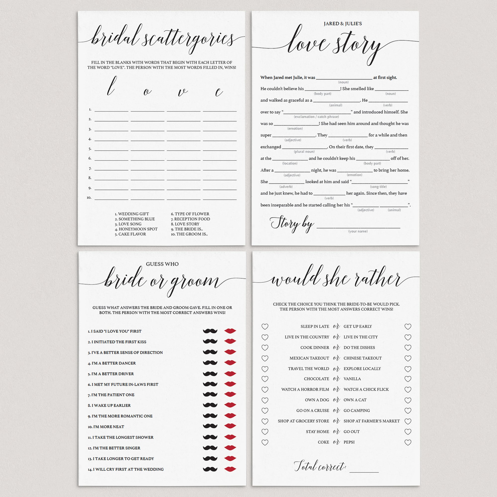 Calligraphy Bridal Shower Games Package Instant Download