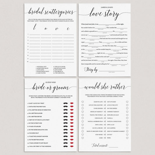 Calligraphy Bridal Shower Games Package Instant Download