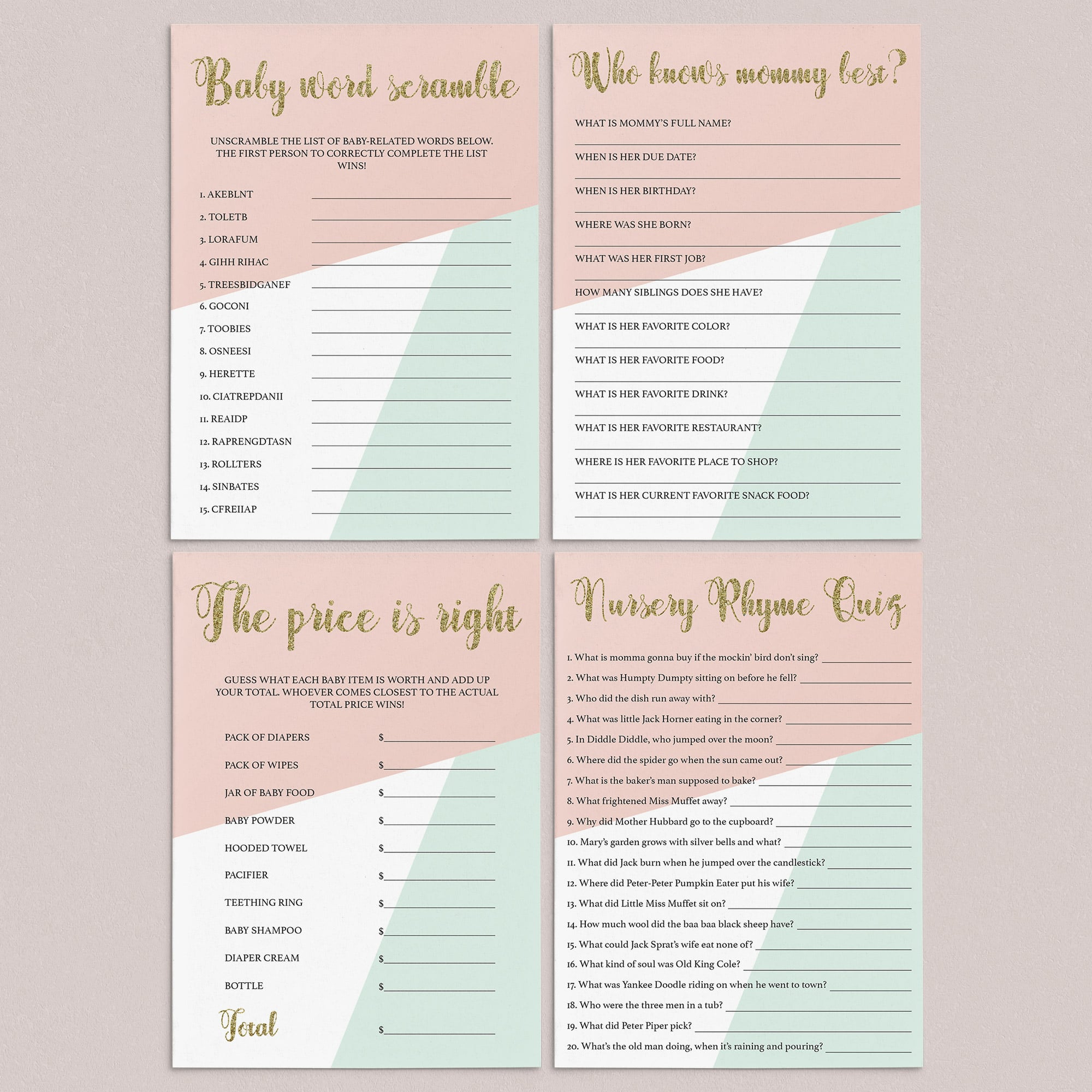 Printable pastel baby shower games by LittleSizzle