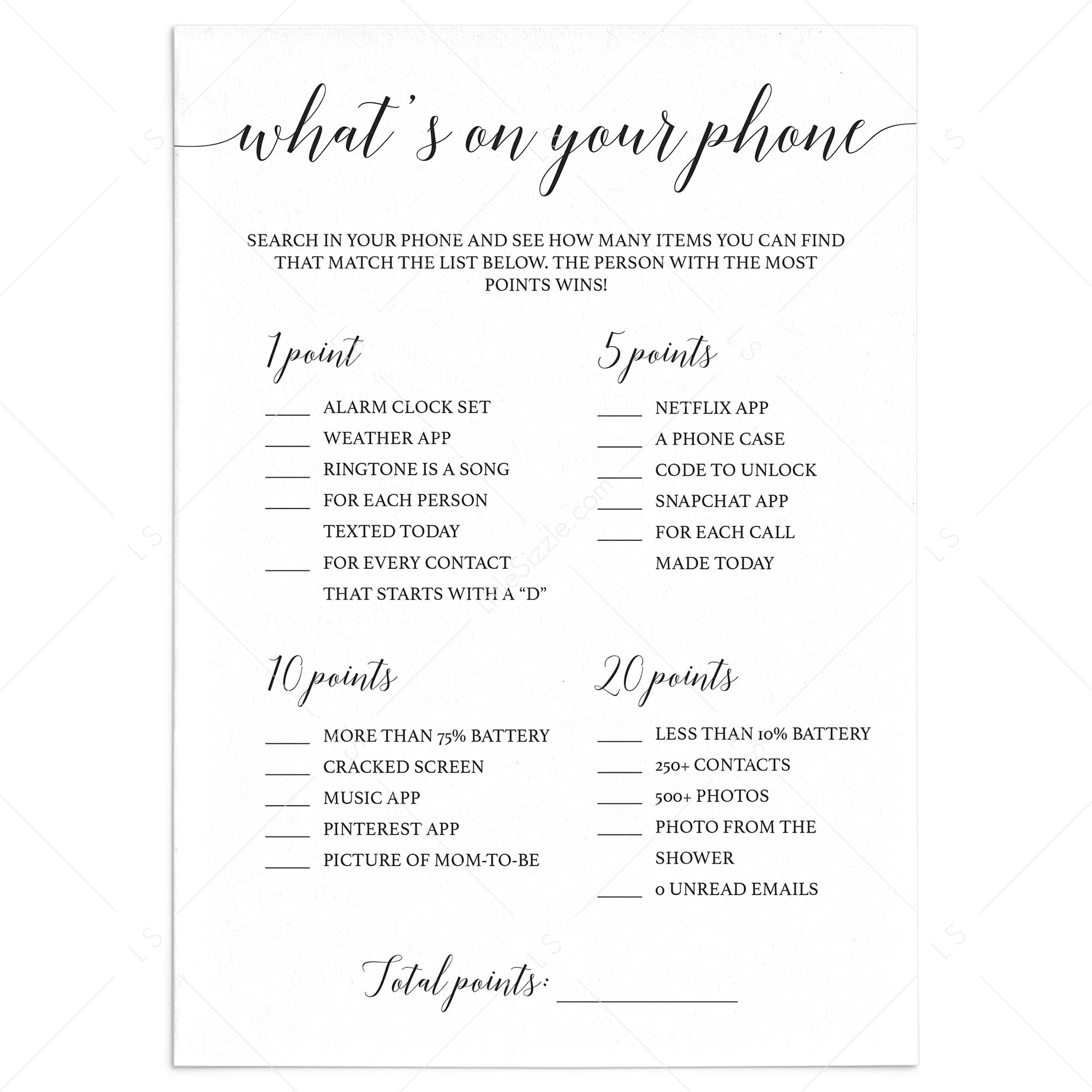 Calligraphy baby shower game what's on your phone by LittleSizzle