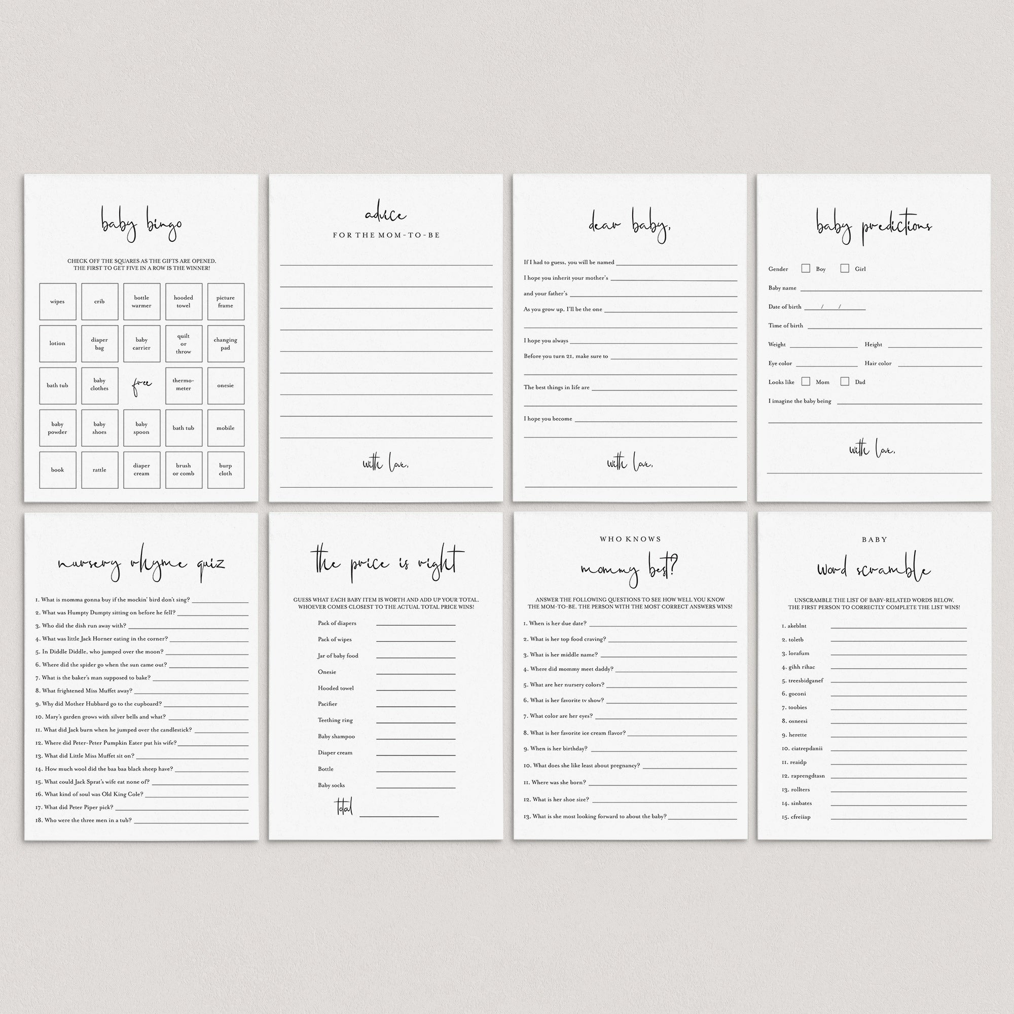 Modern Minimalist Baby Shower Games Bundle Printable by LittleSizzle