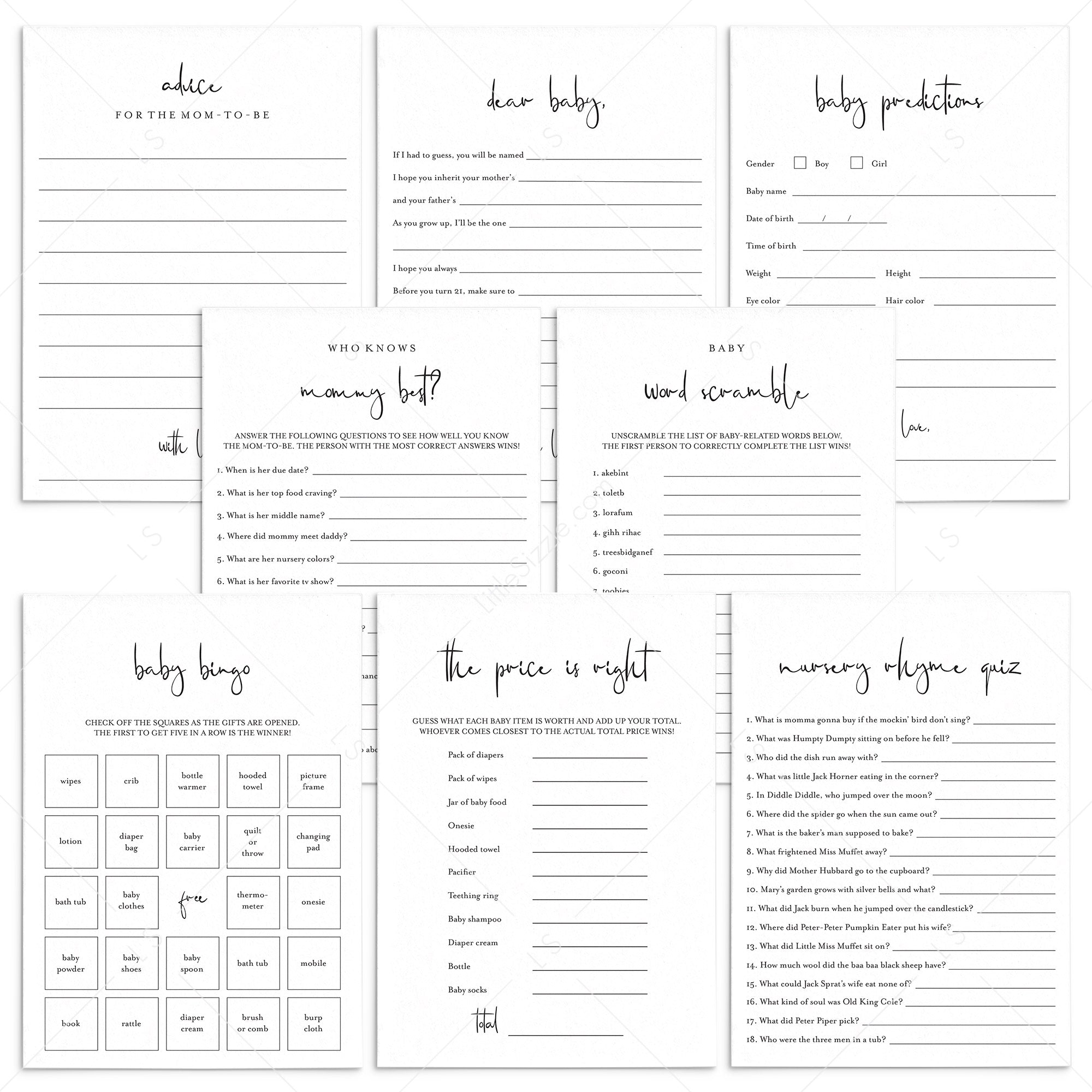Modern Minimalist Baby Shower Games Bundle Printable by LittleSizzle