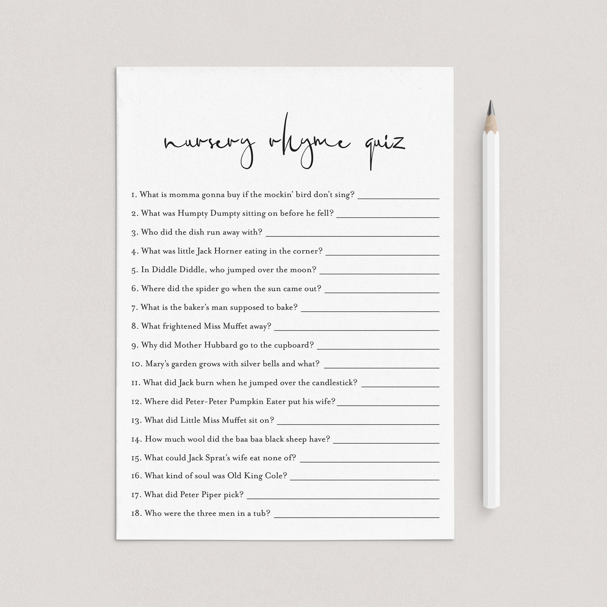 Modern Baby Shower Game Nursery Rhyme Quiz Printable by LittleSizzle
