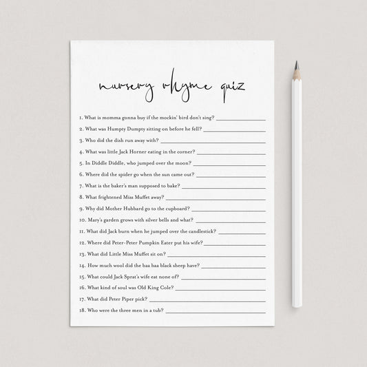 Modern Baby Shower Game Nursery Rhyme Quiz Printable by LittleSizzle