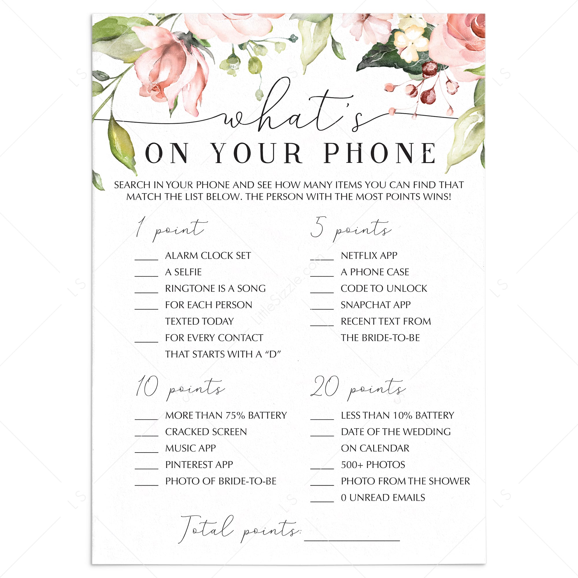 Blush Roses What's On Your Phone Bridal Shower Game Printable by LittleSizzle