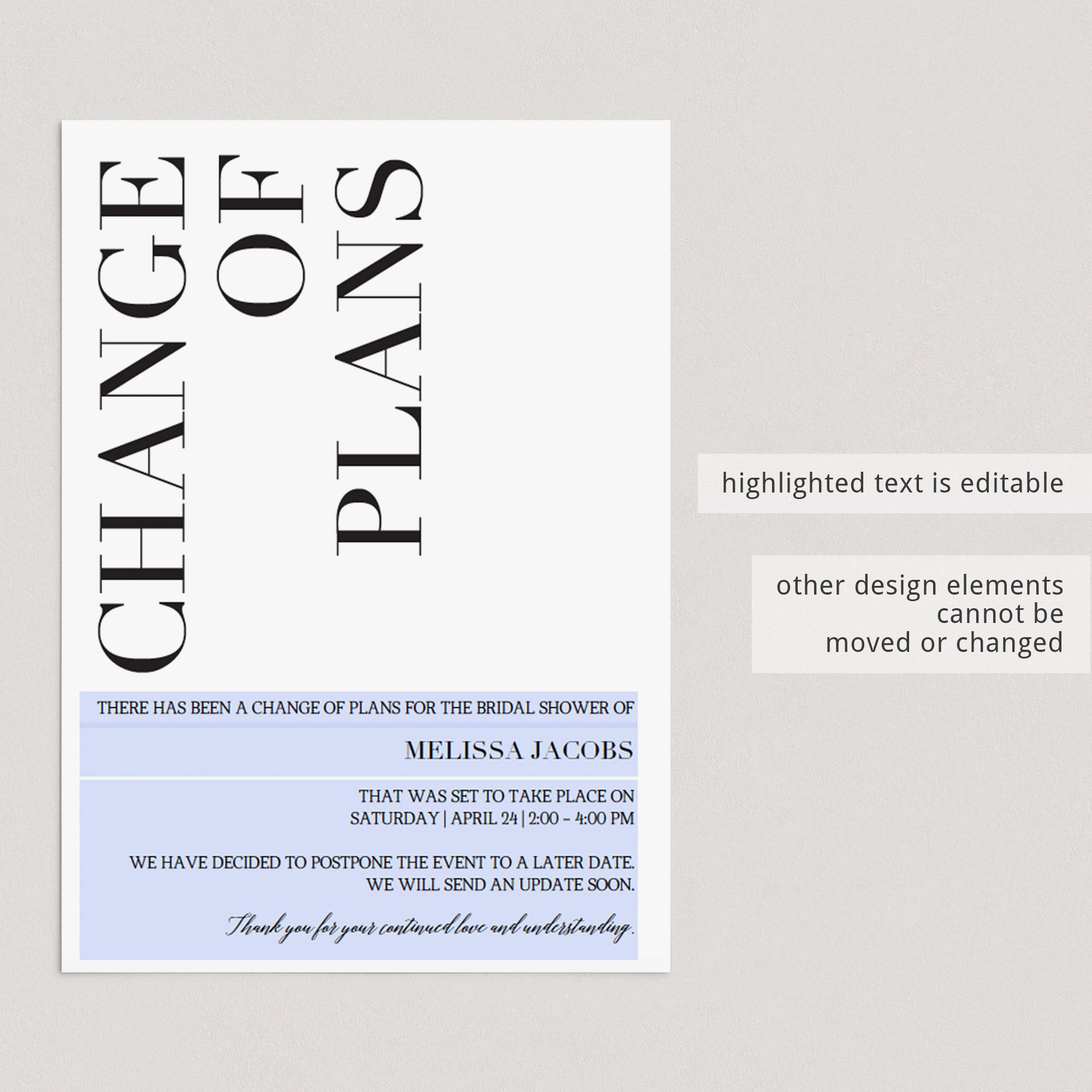 Editable change of plans card template by LittleSizzle