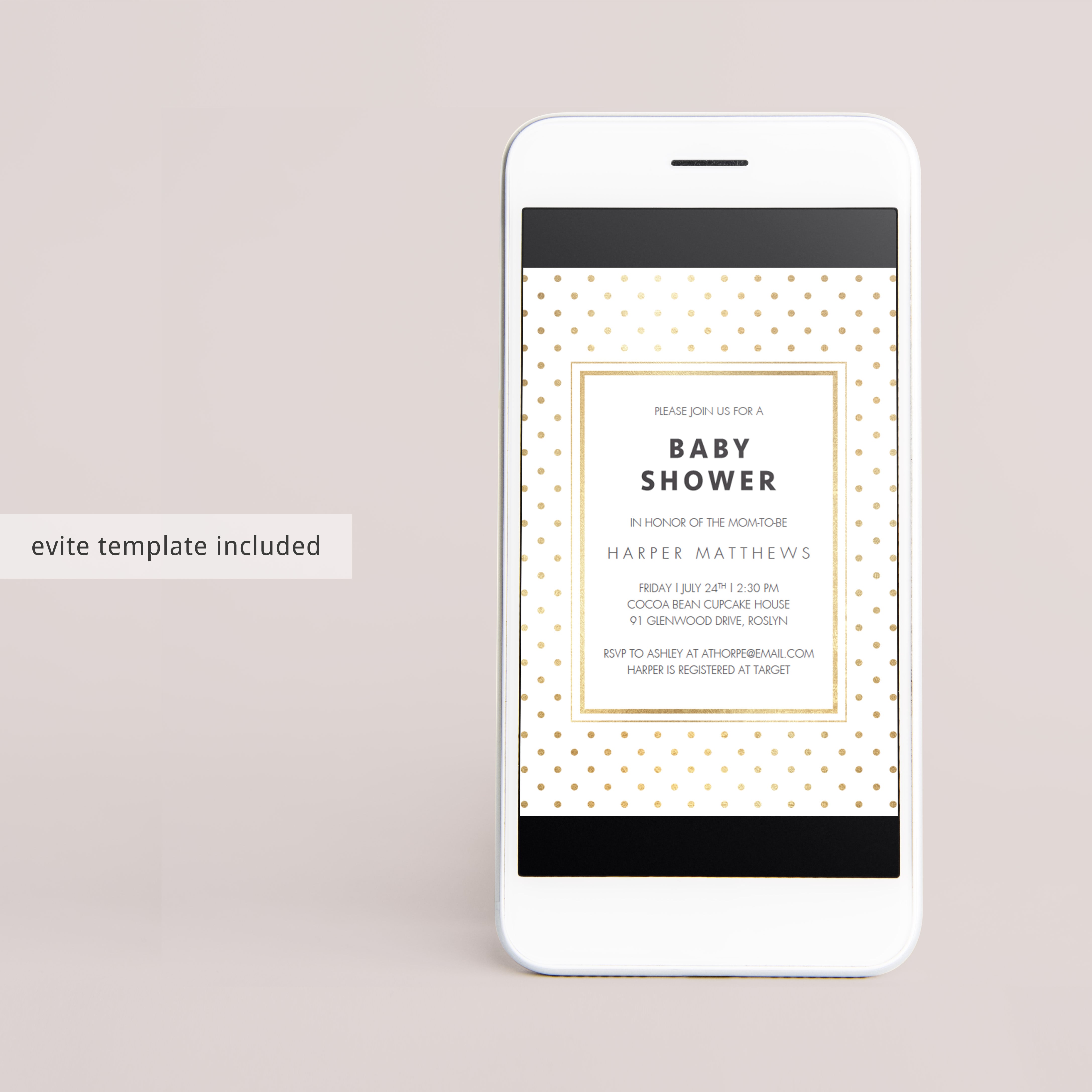 Gold dots baby shower evite download by LittleSizzle